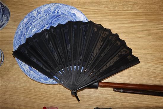 A boxed ivory fan, three other fans and a quantity of ladys gloves